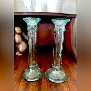 🌶️ Pair of Aqua Glass Candle Holders